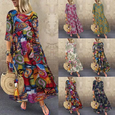 UK STOCK Women Floral Cotton Loose Long Dress Baggy Kaftan Maxi Dresses Oversize • £11.53