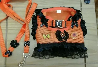 Designer Size Small Dog /chihuahua /orange & Black Lace Harness Dress.& Lead Set • £13.99
