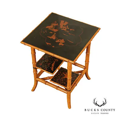 Asian Chinoiserie Lacquered Faux Bamboo Side Table • $965