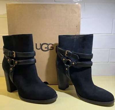 Ugg Dandridge Black Suede High Heel Ankle Strap Boots Us 8.5/ Eur 39.5 ~nib • $69