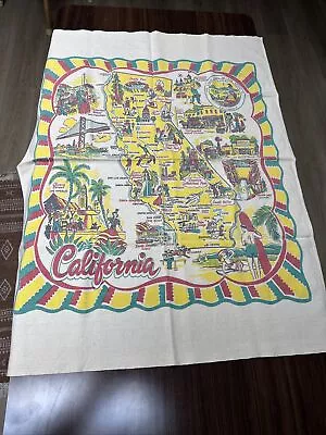 CALIFORNIA Souvenir Tablecloth Vintage Cactus Cloth Hand Printed • $40