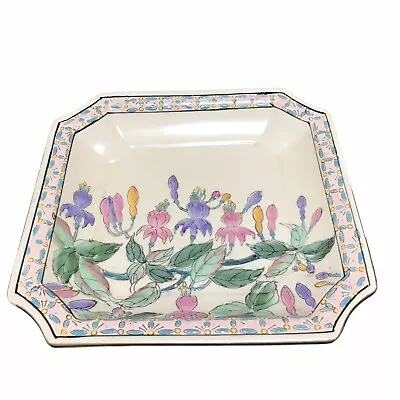 VINTAGE Chinese HFP Macau Square Bowl Garden Floral Hand Painted Raised Texture • $35