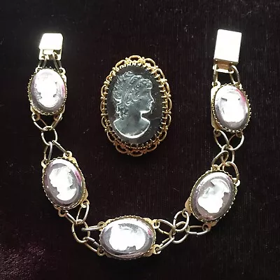 Vintage Cameo Brooch & Bracelet Set Black Stone And Glass Profile • £20