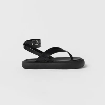 $32.99 • Buy ZARA Women's Size 7 Black Leather Thong Straps Flatform Sandals Ankle Strappy