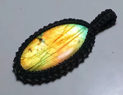 55 Ct Macrame Oval Pendant 100% Natural Multi Fire Labradorite Gemstone Aa-92 • $6.99