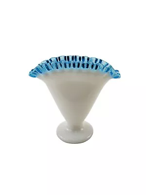 Fenton Milk Glass Aqua Blue Crest Footed Glass Fan Vase • $11.95