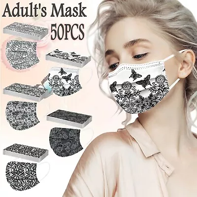 50PCS Adult Lace Mask Disposable Face Mask 3Ply Ear Loop Anti-PM2.5 Face Masks • $23