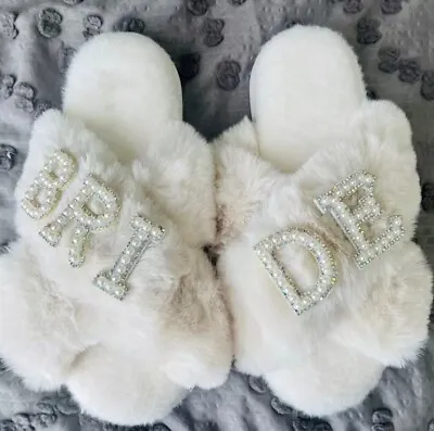 £19.99 • Buy Fluffy Open Toe Slippers Bride Wifey Wedding Engagement Honeymoon Hen Party Mrs