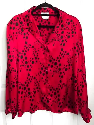 Vintage Leslie Fay Shiny Red Black Satin Blouse Long Sleeve Women's Size 16 • $11.99