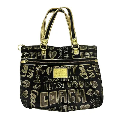 Coach Poppy Tote Bag OS Black Gold Sketch Scribble Graffiti Zip Purse Handbag • $115