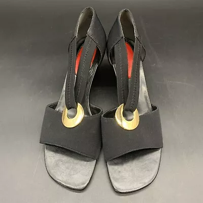 J. Renee Vintage Y2K 90’s Matte Black And Gold Open Toe Wedged Sandal Size 7.5 • $29.99