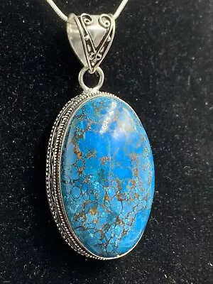 2.6” Vintage Sterling Silver Kingman Turquoise Pendant Necklace 29g • $85