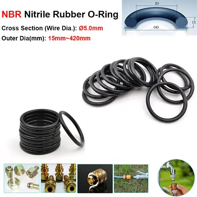 Wire Dia=5.0mm O-Rings NBR Nitrile Rubber Seals Washers O.D=15mm~420mm Black • £1.55