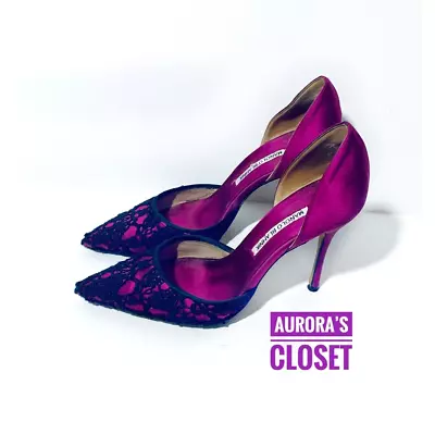 Manolo Blahnik 7.5 Purple Satin D'Orsay HeelsLace Toe Overlay Pointed EU 38 $775 • $125