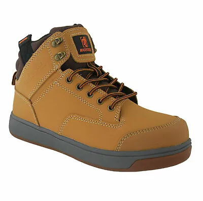 NEW MENS HI TOP TRAINER BOOTS STEEL  TOE CAP ANKLE WORK  BOOTS Sand SIZE 7/41 • £29.95