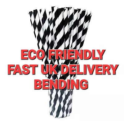 100 X Eco Friendly Black White Stripe Bendy Paper Drinking Straws Party Cocktail • £3.99