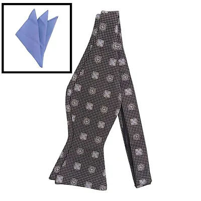 Mens Black BOW TIE SELF TIE Silk Geometric Adjustable Bowtie POCKET SQUARE Set • $12.87