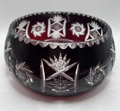 Ruby Red Crystal Cut To Clear Bowl Poland Hand Cut 7” Across Top • $29.99