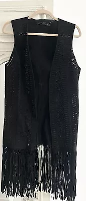 Zara Black Laser Cut Tassel Fringe Suede Leather Sleeveless Jacket Gilet Vest • $93.25