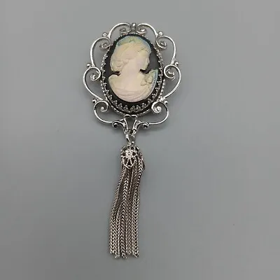 Gothic Goth Steampunk Iridescent Cameo Woman Silver Tone Tassel Brooch Pin VTG • $17.99