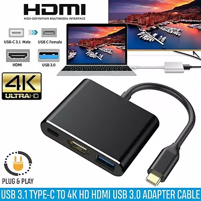 Type C To HDMI 4K USB-C USB 3.0 3in1 Hub Adapter Cable For Apple Android Macbook • £7.45