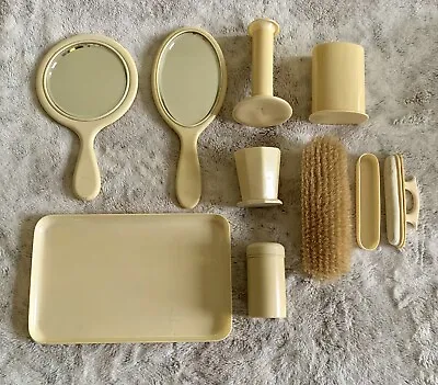 Vintage 1920s Art Deco French Ivory Celluloid 9 Piece Vanity Set With 2 Mirrors • $29.99