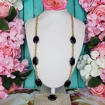 VERONESE Italy Black Stone 925 Vermeil Chain Link Statement Necklace 30  Long • $69.95