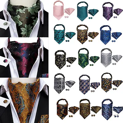 100 Colors Mens Silk Ascot Cravat Vintage Tie Paisley Scarf Hanky Cufflinks Set • $12.99