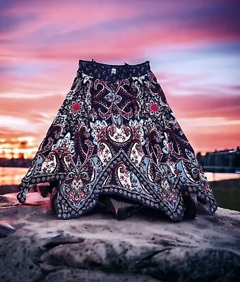 BILA Bohemian Navy Blue PAISLEY HIPPIE Festival HANKY HEM Maxi Skirt XXL Women's • $25.99