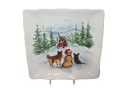 Maxcera Christmas DOGS PINE FOREST RED TRUCK Square Ceramic Dinner Plate - NEW • $15.19