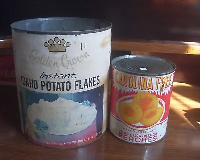 Two Vintage Metal Food Cans - Carolina Free Peaches & Golden Crown Potato Flakes • $15