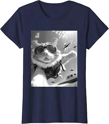 Funny Skydiving Cat Selfie With Alien UFOs Gift Ladies' Crewneck T-Shirt • $21.99