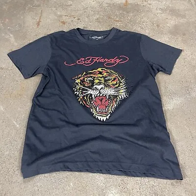 Vintage 2000s Mens Small Bedazzled Y2k Ed Hardy Tiger Faded Black Graphic Tee • $30