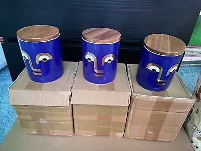 Glossy Blue & Gold Abstract Face Coffee Sugar & Tea Storage Jars X3 13cm NEW • £15