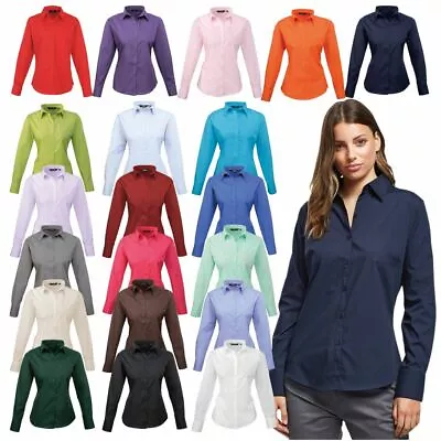 Premier Women's Poplin Long Sleeve Blouse Formal Business Work Shirt Staff Wear • £13.69