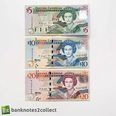 EAST CARIBBEAN: Set Of 3 East Caribbean Dollar Banknotes. • £19