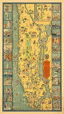 Pictorial Map Of Manhattan 26 Vignettes Wall Poster Vintage Home School Office • $13.95