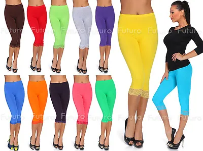 Cropped Leggings With Lace 3/4 Length Casual Cotton Pants Hot Colours Sizes 8-20 • £9.99