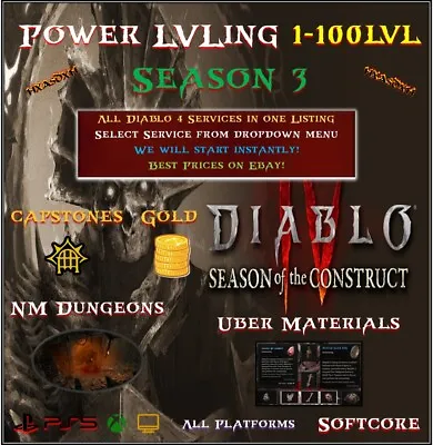 ✨Diablo 4 Season 3💥All Diablo 4 Boost💥Power LvL💥Gold💥Mats💥PC PS5 XBOX✨ • $12.43