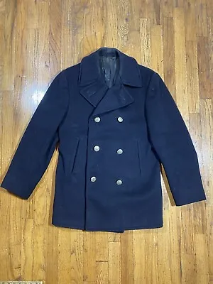 Vintage 40s WW2 US Navy Wool Pea Coat 8  Banque De France  Metal Buttons Sz 38 • $145