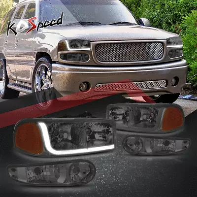 LED DRL BAR Smoked/Amber Headlight W/Bumper Lamp For 01-07 Sierra Yukon Denali • $141.88