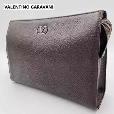 VALENTINO Clutch Second Bag Logo Embossed Leather Brown Men's USED FROM JAPAN • $127