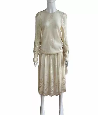 Vintage 80s Size S Limited Lace Cream Long Sleeved Sheer Lace Drop Waist Dress • $78