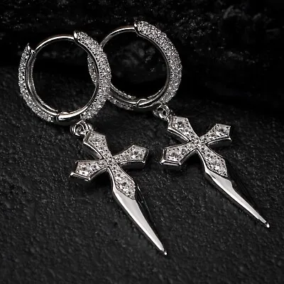 Men's Hanging Iced Cross Dagger Dangle Huggie Hoop Sterling Silver Earrings • $23.99