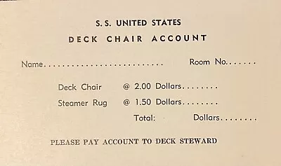 SS United States Lines Deck Chair Account Card NOS Ocean Liner Ship Cruise Retro • $3.16