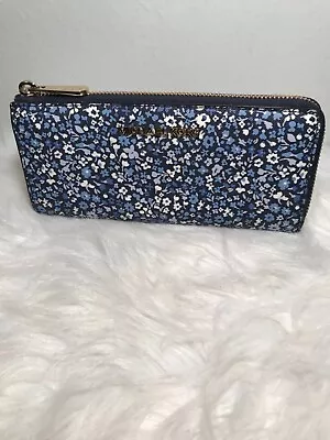 Michael Kors Blue Floral Print Large Half Zip Around Wallet Clutch • $85