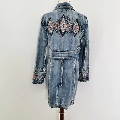 Midnight Velvet Southwestern Jean Denim Jacket Womens Large Embroidered Duster • $48