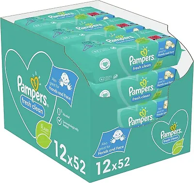 Pampers Baby Wipes Fresh Clean 12 Packs Of 52 Soft For Hands And Face 0% Alcohol • £17.90
