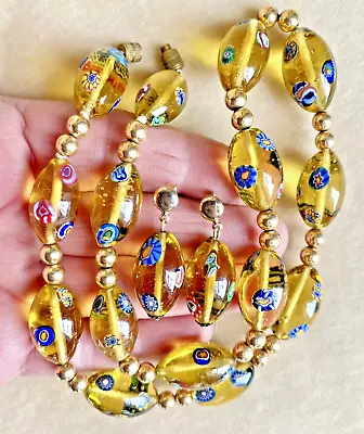 Vintage Clear YELLOW MURANO GLASS MILLE FIORI 18  Necklace & Pierced Earrings • $45