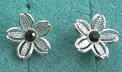  BLACK BEAUTY  Silver Tone Flower Clip Earrings - Sarah Coventry Jewelry - Vtg • $9